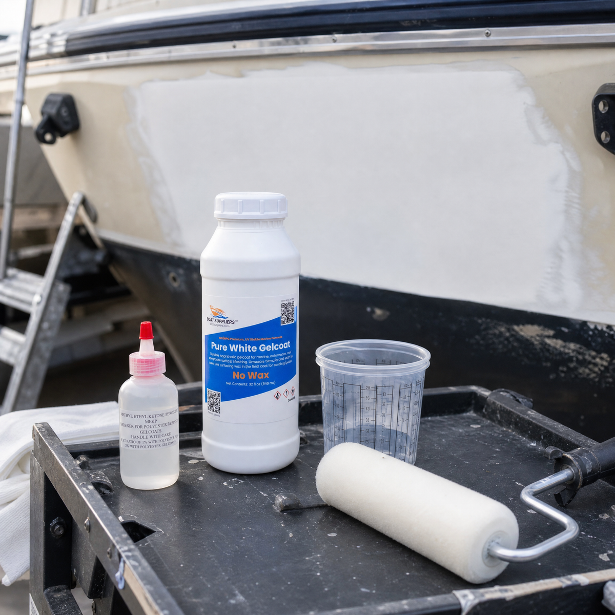 Pure White Gelcoat with Hardener - No Wax - on the repair cart