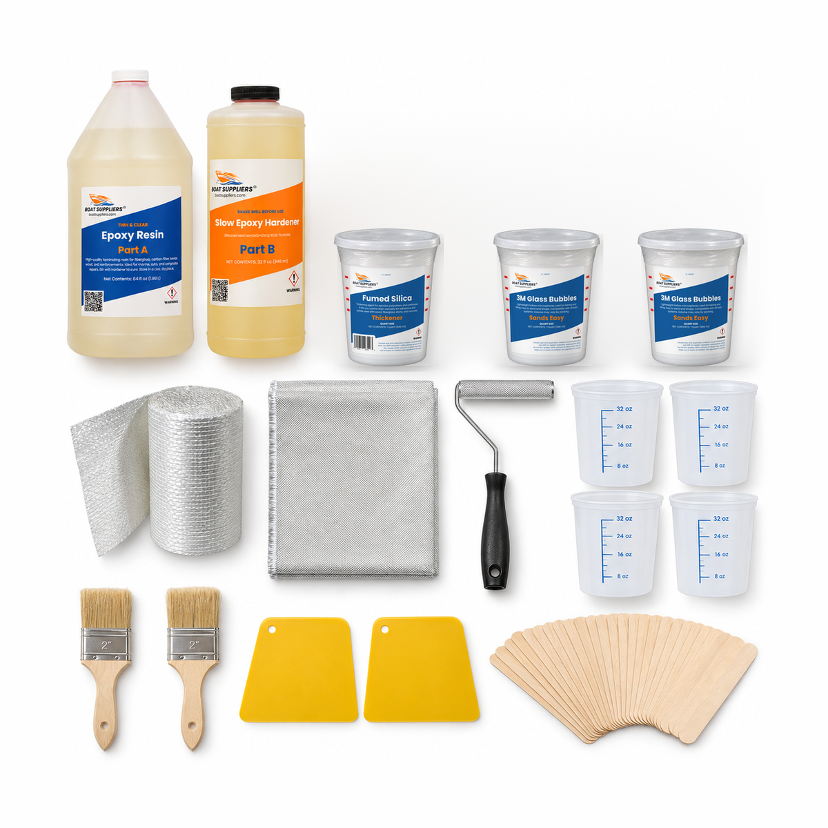 Keel and strake repair kit contents: epoxy resin with slow hardener, fumed silica, two quarts of white glass microspheres, 6 inch 1708 fiberglass tape, 6 oz fiberglass cloth, laminating roller, quart mixing tubs, chip brushes, spreaders and mixing sticks