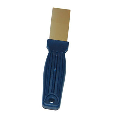 1-1/4 inch stainless steel putty knife with a narrow flat blade and blue ribbed plastic handle with hang hole, for small filler work