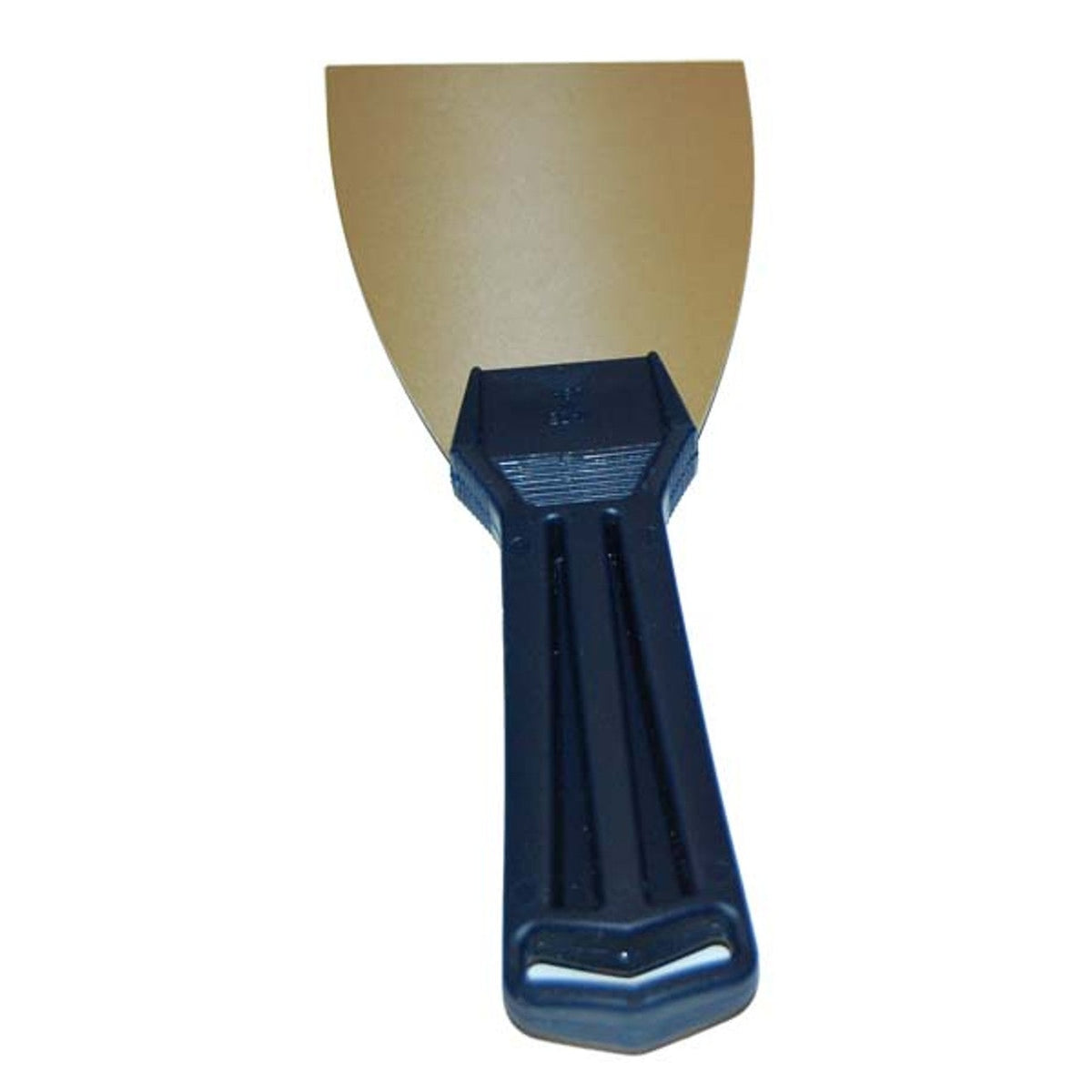 3 inch stainless steel putty knife with a wide flared blade and blue ribbed plastic handle, for spreading fairing compound and epoxy filler