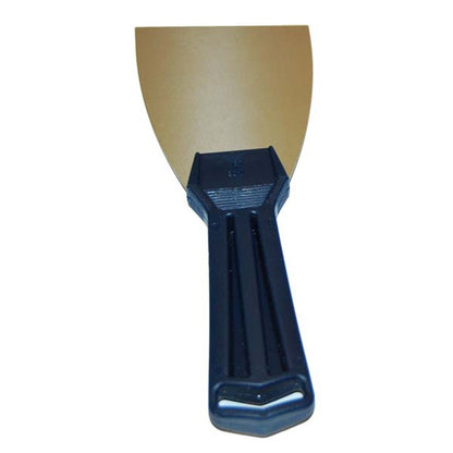 3 inch stainless steel putty knife with a wide flared blade and blue ribbed plastic handle, for spreading fairing compound and epoxy filler