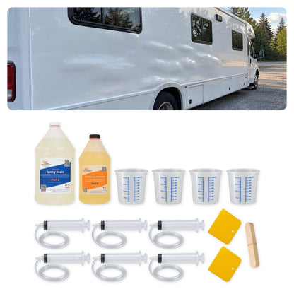 Wavy delaminated fiberglass sidewall on a motorhome, with the 1.5 gallon RV delamination repair kit: epoxy, four mixing tubs, six injection syringes with tubing, stir sticks and spreaders