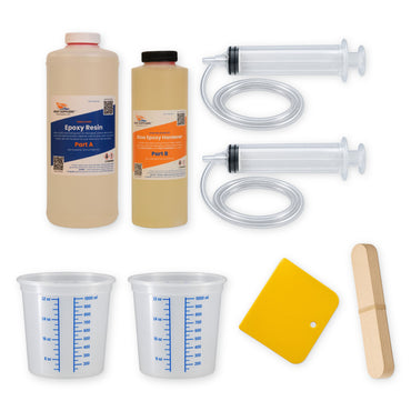 RV delamination repair kit for up to 12 square feet: 32 oz thin epoxy resin, 16 oz slow hardener, two graduated quart mixing tubs, two injection syringes with flexible tubing, wood stir sticks and a plastic spreader