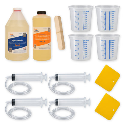 RV delamination repair kit for up to 24 square feet: half gallon thin epoxy resin, 32 oz slow hardener, four graduated quart mixing tubs, four injection syringes with flexible tubing, wood stir sticks and two plastic spreaders