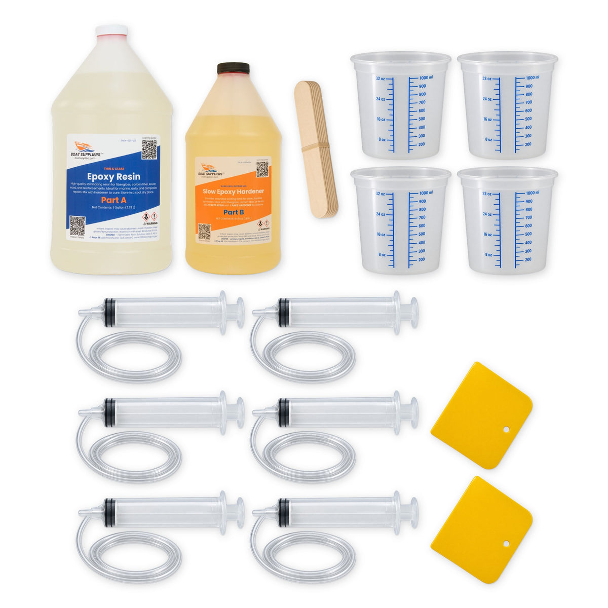RV delamination repair kit for up to 48 square feet: one gallon thin epoxy resin, half gallon slow hardener, four graduated quart mixing tubs, six injection syringes with flexible tubing, wood stir sticks and two plastic spreaders