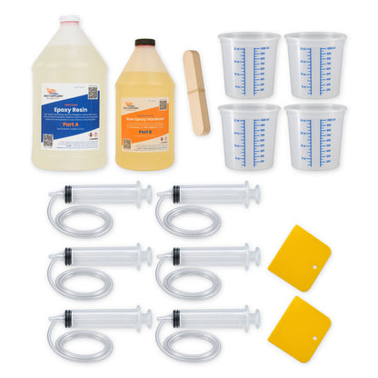 RV delamination repair kit for up to 48 square feet: one gallon thin epoxy resin, half gallon slow hardener, four graduated quart mixing tubs, six injection syringes with flexible tubing, wood stir sticks and two plastic spreaders