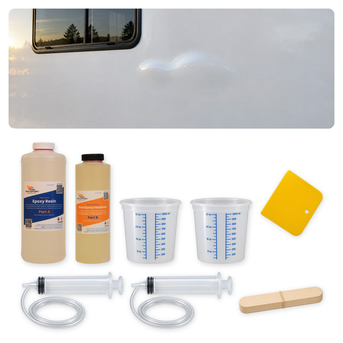 Bubble in a fiberglass RV sidewall beside a window, with the 48 oz RV delamination repair kit: epoxy, mixing tubs, injection syringes with tubing, stir sticks and spreader
