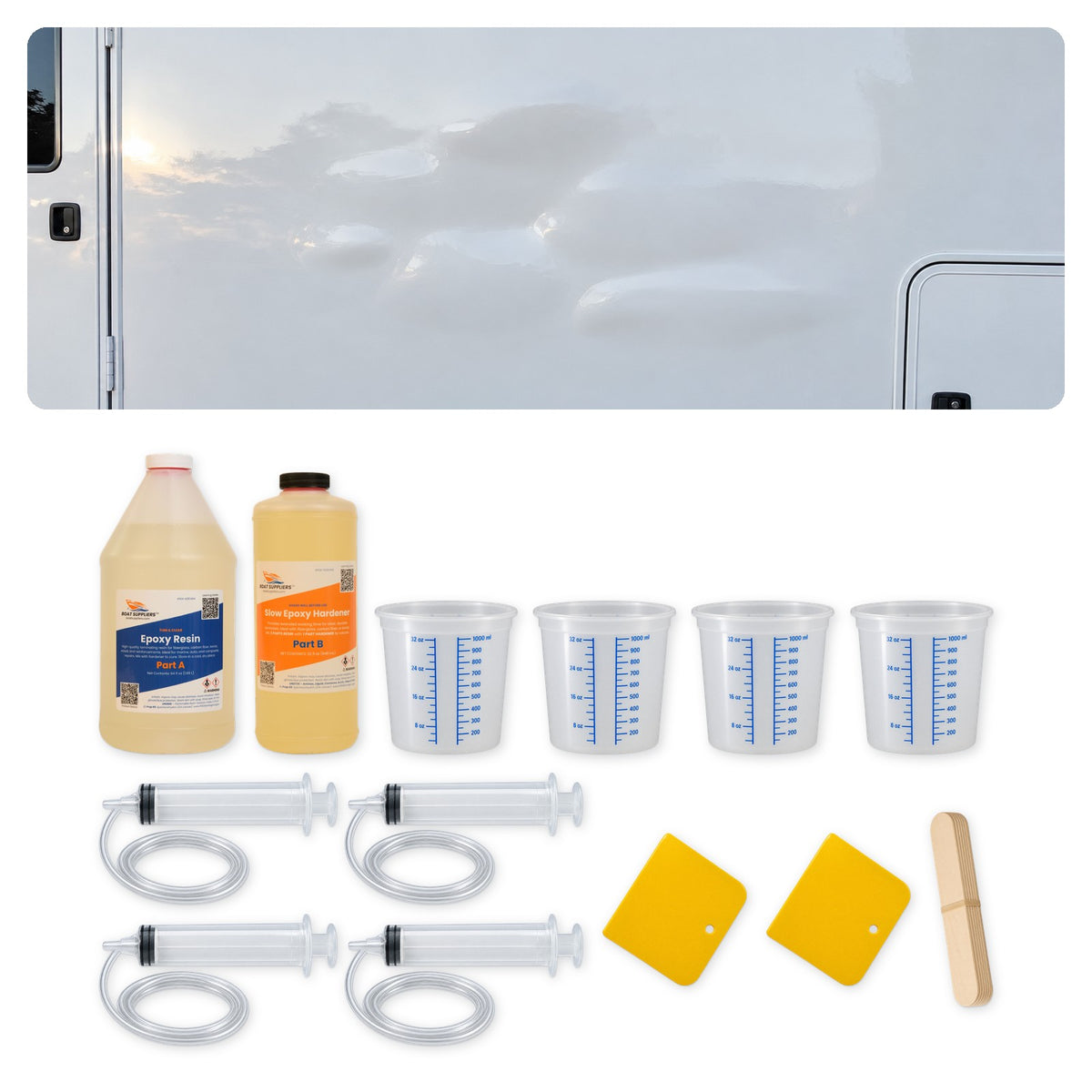 Delaminated patch on a fiberglass trailer sidewall, with the 96 oz RV delamination repair kit: epoxy, four mixing tubs, four injection syringes with tubing, stir sticks and spreaders