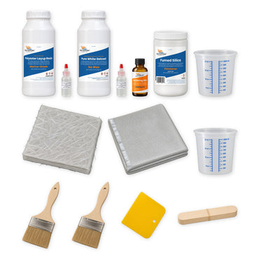 RV and camper fiberglass repair kit contents: quart of polyester layup resin and quart of pure white gelcoat, each with a bottle of MEKP hardener, quart of fumed silica, surfacing wax, fiberglass cloth, chopped strand mat, two mixing tubs, two chip brushes, spreader and stir sticks