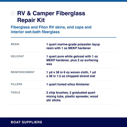 RV & Camper Fiberglass Repair Kit with White Gelcoat specifications