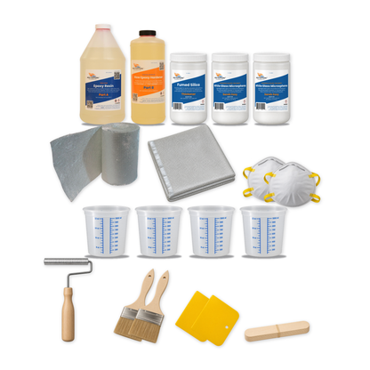 Keel and strake repair kit: half gallon epoxy resin and slow hardener, fumed silica, two quarts of white glass microspheres, 10 yards of 1708 fiberglass tape, 6 oz cloth, two dust masks, four quart mixing tubs, laminating roller, brushes, spreaders and stir sticks
