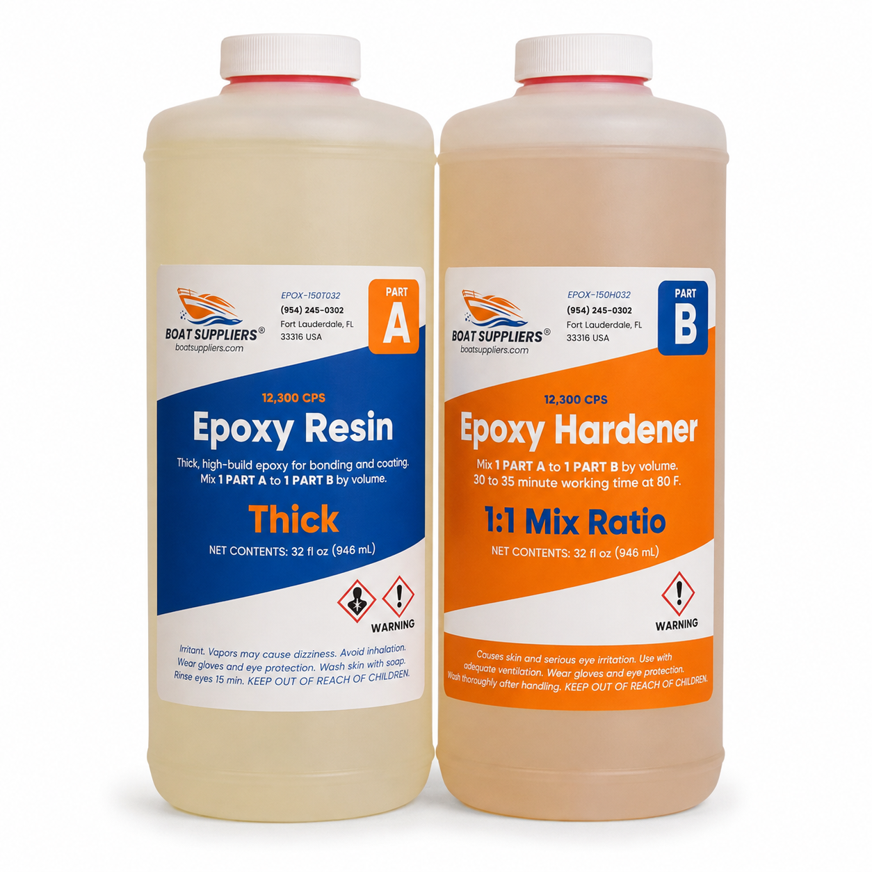 Boat Suppliers Thick Epoxy Resin Kit, 1:1 mix ratio, Part A resin and Part B hardener quart bottles
