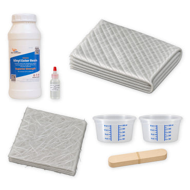 Vinyl ester patch repair kit: quart of vinyl ester resin with MEKP, a folded yard of 1708 biaxial, a folded yard of chopped strand mat, two pint mixing tubs and stir sticks