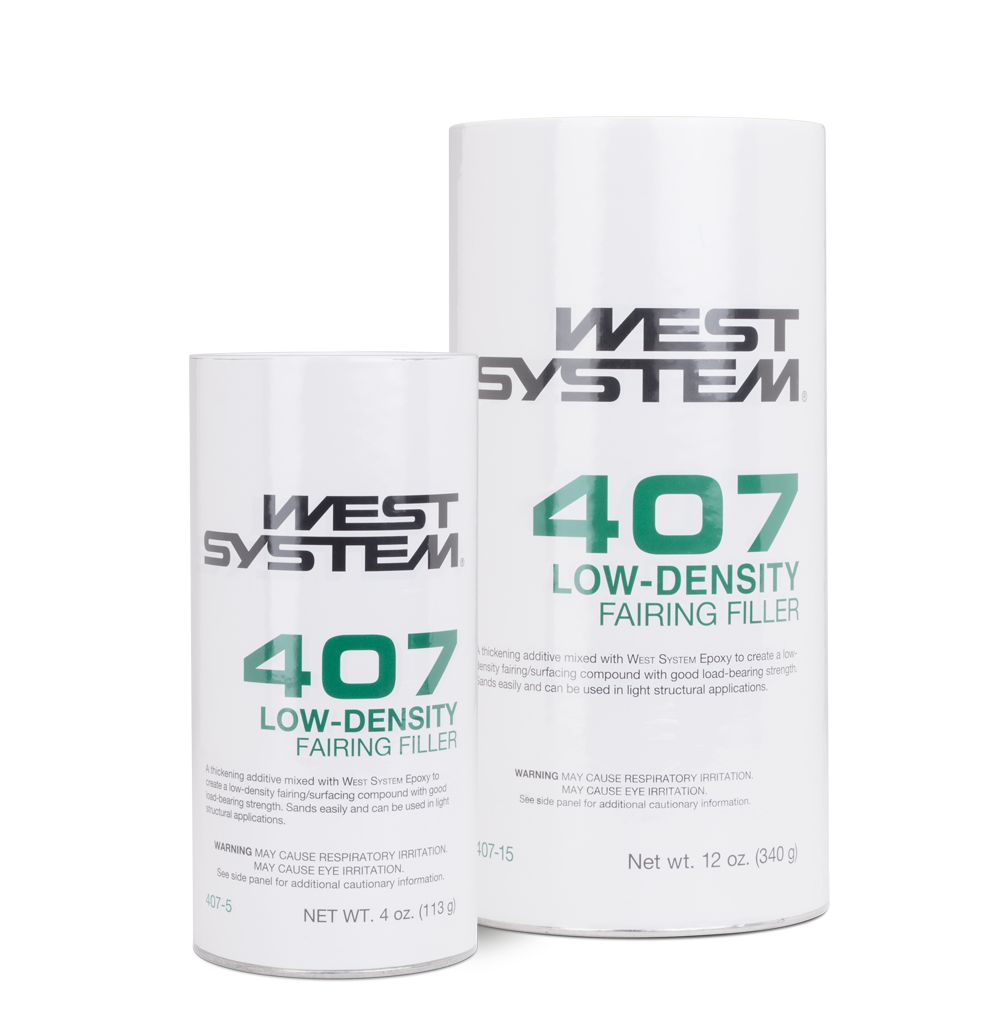 West System 407 Low-Density Fairing Filler cans, 4 oz and 12 oz sizes