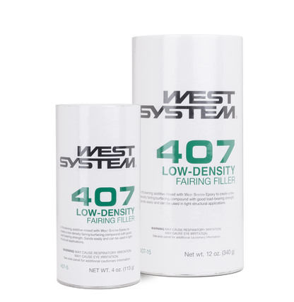 West System 407 Low-Density Fairing Filler cans, 4 oz and 12 oz sizes