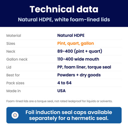 Technical data spec sheet for wide mouth hdpe jars